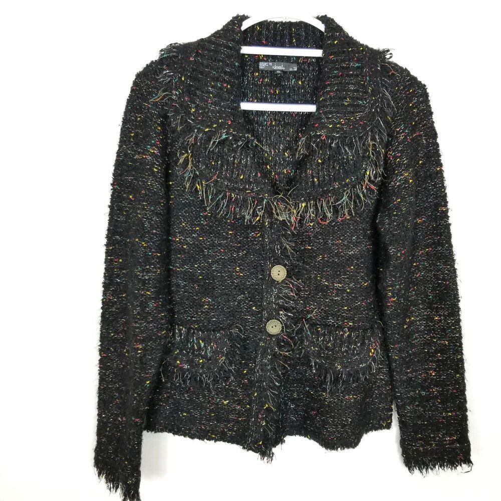 Sioni Women Knit Cardigan Fringe Sweater Sz M Marled Gray Button Up‎ Boho
